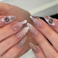 NA094 - Light Brown 3D Floral Nails